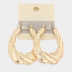 Gold Textured 14K Bamboo Doorknocker Hoop Earrings 2.25" Twisted Fashion